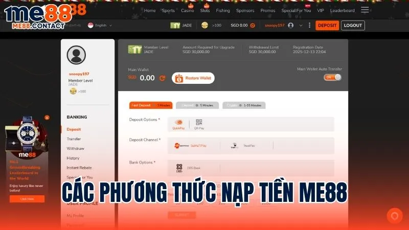 Tổng hợp các phương thức nạp tiền Me88